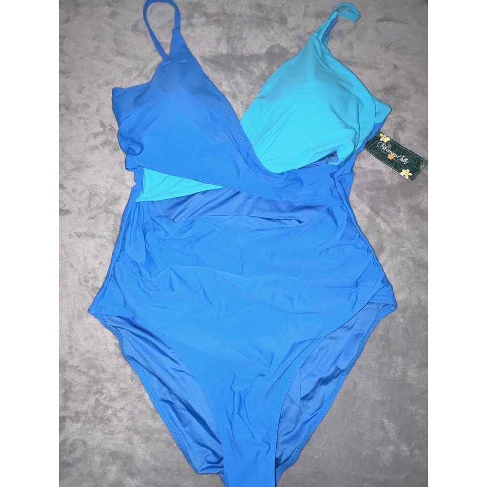 Blooming Jelly Cutout One-Piece Swimsuit Womens XXL Blue Stretch Surplice Neck